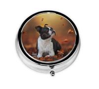 Boston Terrier Otoño Bokeh Perros Perros En El Bosque, Pastillero, Pastillero redondo Pequeño contenedor de pastillas Organizador de pastillas de viaje