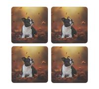 Boston Terrier Otoño Bokeh Perros Perros,Posavasos Cuadrados de Corcho MDF, Almohadilla para Tazas, Juego de 4 Posavasos para Bebidas