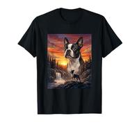 Boston Terrier Perro Amante Vintage Atardecer Bosque Naturaleza Camiseta