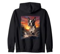 Boston Terrier Perro Amante Vintage Atardecer Bosque Naturaleza Sudadera con Capucha