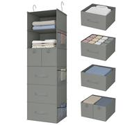 Bosuelife 6-Shelves Hanging Closet Organizer with 5 Different Drawers, Foldable Closet Organizers and Storage for Wardrobe, Closet& RV, Clothes and Accessories Storage, Non-woven fabric, Gray