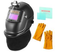 BOSYTRO Máscara de Soldadura con luz, Casco Soldad con Oscur Auto y Alimentación Solar con 2 láminas Protectoras + Guantes de Soldadura + Prot Cuello Cuero, Tono Ajustable 9-13 para TIG/MIG
