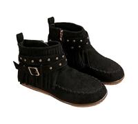 Bota de gamuza para mujer botas occidental mujer país flequillo bota baja bota con correa de hebilla botas planas zapatos casuales grandes zapatillas color sólido bota de gran tamaño, Negro , 36 EU
