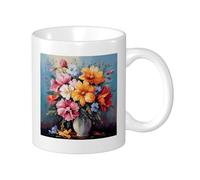 Botanical - Paquete de 1 taza con impresión rústica de hojas de flores artísticas de granja hermoso jarrón azul tellow rosa de cerámica sin derrames para cocina, escuela, oficina, despensa con asas