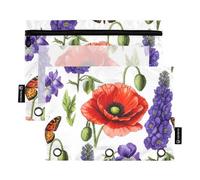 Botanical Wildflowers - Estuche para lápices de amapolas rojas con 3 anillas, con cremallera, bonitas carpetas escolares, bolsillos transparentes, 24.9 x 18.0 cm, 2 paquetes