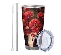 Botánico con tapa y vaso de pajita, diseño de flores, hojas divertidas, bonita niña, bonita estrella artística, cielo, rojo, verde, aislante, metal, no se derrama, al aire libre, club, dormitorio, sin