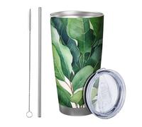 Botánico con tapa y vaso de pajita, hermosas hojas de acuarela moderna, botánica, casa de campo, casa de campo, verde, metal inoxidable caliente y frío, sin derrames, oficina, dormitorio, café, taza