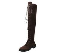 Botas altas altas hasta la rodilla con cordones para mujer con tacones lisos y modernos, color sobre redondo, botas planas hasta la rodilla, café, 37.5 EU