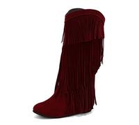 Botas altas boho para mujer, botas de equitación con flecos | Botas largas bohemias occidentales con doble flecos, aspecto de ante, punta redonda, tacón de cuña, moda festival, ocio