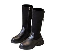 Botas altas cálidas de invierno para niñas, botines de piel auténtica con decoración de lazo, antideslizantes, con aislamiento térmico, botas largas de princesa, impermeables para la nieve, Black, 30