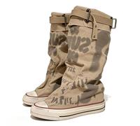 Botas Altas De Lona Para Mujer Con Estampado De Grafiti, Cordones Y Hebilla | Botas De Lona Estilo Punk-gótico Hasta La Rodilla Con Caña Ancha, Ideales Para Festivales, Viajes, Moda Urbana Y Uso Diario