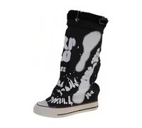 Botas Altas De Lona Para Mujer Con Estampado De Grafiti, Cordones Y Hebilla | Botas De Lona Estilo Punk-gótico Hasta La Rodilla Con Caña Ancha, Ideales Para Festivales, Viajes, Moda Urbana Y Uso Diario