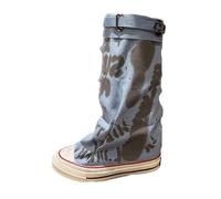 Botas Altas De Lona Para Mujer Con Estampado De Grafiti, Cordones Y Hebilla | Botas De Lona Estilo Punk-gótico Hasta La Rodilla Con Caña Ancha, Ideales Para Festivales, Viajes, Moda Urbana Y Uso Diario