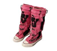 Botas Altas De Lona Para Mujer Con Estampado De Grafiti, Cordones Y Hebilla | Botas De Lona Estilo Punk-gótico Hasta La Rodilla Con Caña Ancha, Ideales Para Festivales, Viajes, Moda Urbana Y Uso Diario