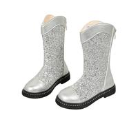 Botas altas de piel para niña, botas de combate ecuestres con cordones - Tacón bajo, punta redonda cómoda - Cremallera lateral - Invierno - Niño/niño, plata, 30 EU