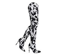 Botas Altas hasta el Muslo cómodas y Anchas para Mujer, Tacones de Aguja cómodos para Citas nocturnas y Ocasiones de Gala,Cow Pattern,46 EU