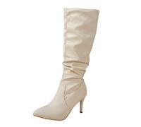 Botas altas hasta la rodilla de moda con punta puntiaguda tacón de aguja detalle hebilla botas de cuero para un estilo de equitación elegante en invierno, Blanco, 38 EU