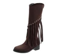 Botas altas hasta la rodilla para mujer 2026, elegantes con flecos, tacón de bloque de lluvia, cuero, para caminar por la ciudad, clima frío, nieve, aislamiento, forro polar, antideslizantes, Brown