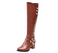 Botas altas hasta la rodilla para mujer, botas de cuero para mujer, zapatos de tacón medio, antideslizantes, puntera puntiaguda, botas gruesas con hebillas laterales de cremallera, elegantes botas