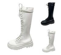 Botas altas hasta la rodilla para mujer, cómodas y gruesas, tacón de bloque, con cordones, con cremallera lateral, duraderas, modernas, para motocicleta, trabajo, combate, White, 38 EU