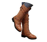 Botas altas hasta la rodilla para mujer, con cordones, puntera redonda, tacones gruesos, hebilla de moda, botas de combate para mujer, botas de combate hasta la rodilla, botas de combate con cordones