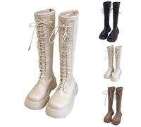 Botas altas hasta la rodilla para mujer con diseño de suela de plataforma gruesa, con cordones, cómodas, con puntera redonda, para motocicleta, trabajo, combate, botas con cremallera, beige, 36.5 EU