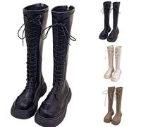 Botas altas hasta la rodilla para mujer con diseño de suela de plataforma gruesa, con cordones, cómodas, con puntera redonda, para motocicleta, trabajo, combate, botas con cremallera, Black, 36.5 EU