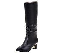 Botas altas hasta la rodilla para mujer, punta puntiaguda, tacón de bloque, de piel sintética, botas de media pantorrilla, zapatos de equitación occidental para caminar, Black, 36.5 EU