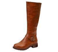 Botas Altas Mujer,Botas a Media Pantorrilla de Piel con Hebillas y Cremallera Lateral Casual Bota Cowboy de Puntera Redonda con Tacón Cuadrado Moda Versátil Boots Hasta La Rodilla Elegante Práctica