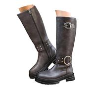 Botas Altas Mujer, Botines de Cuero Sintético con Hebillas y Cremallera Lateral, Estilo Biker Moto, Plataforma Cómoda y Tacón Bajo, Calzado de Moda para Otoño Invierno 2025, Ideal para Looks Casuales