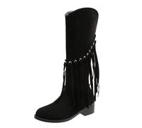 Botas Altas Mujer Invierno - Botas Ante Mujer Tacones Media Altos Y Gruesos Elegante Comodas Aire Libre Salvaje Bota Cremallera Lateral Moda Retro Borla Diseño Antideslizantes Sólido Rectos Bota