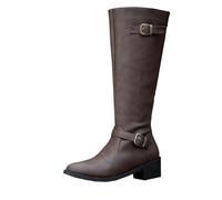 Botas altas para mujer de talla grande botas de cuero tacón cuadrado bota gran pantorrilla bota de gran tamaño grande botas con correa hebilla de color sólido bota puntiagudo bota 36-43, marrón, 38 EU