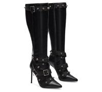 Botas altas para mujer, hasta la rodilla, sexy, puntiaguda, tacón alto, con cremallera, para invierno, para motocicleta, Black, 39.5 EU