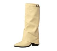 Botas altas plegables para mujer, con detalles metálicos, puntera puntiaguda, beige, 38.5 EU