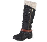 Botas Bajo Tacón Bloque Rodilla Alta PU Cremallera Lateral Detalle Hebilla Borde Tejido para Caminata Ciudad,Negro,38 EU