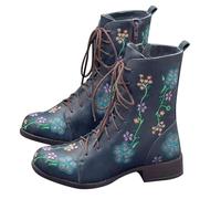Botas bordadas bohemias para mujer, diseño de flores vintage, botines de cuero con cordones, cómodos zapatos casuales de media pantorrilla, puntera redonda, impermeables, a media pantorrilla, Blue, 40