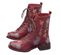Botas bordadas bohemias para mujer, diseño de flores vintage, botines de cuero con cordones, cómodos zapatos casuales de media pantorrilla, puntera redonda, impermeables, a media pantorrilla, Red, 39