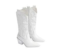 Botas Bordadas para Mujer, Botas Vaqueras Occidentales de Media Pantorrilla, Punta Estrecha, Tacones Gruesos, Botas de Jinete clásicas Vintage para Mujer,Blanco,41 EU