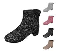 Botas brillantes para mujer, botas de lentejuelas para mujer, zapatos de baile de punta redonda, zapatos de tacón grueso, botas de tobillo anchas, zapatos de vestir, zapatos cómodos con cremallera