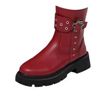 Botas clásicas de las mujeres, Botas de mujer,Práctica mujer nueva cuero casual cómodo lateral cremallera cinturón hebilla punta redonda suela gruesa delgada media pantorrilla botas, rojo, 37 EU