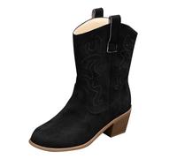 Botas clásicas de piel vaquera con punta puntiaguda y tacón grueso para mujer, nuevos cientos de conjuntos de pies, botas de compresión para caminar, Black, 39 EU