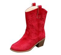 Botas clásicas de piel vaquera con punta puntiaguda y tacón grueso para mujer, nuevos cientos de conjuntos de pies, botas de compresión para caminar, Red, 39.5 EU