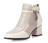 Botas clásicas Malla para Mujer, Botines Verano Transpirables y Huecos, Sandalias Botines tacón Grueso con Diamantes imitación, Sandalias de tacón Medio Antideslizantes Retro Cuero,Beige,35.5 EU