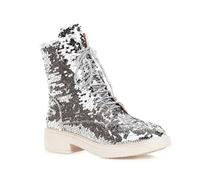 Botas Combate con Lentejuelas Brillantes y Elegantes para Mujer,Botines con Cordones tacón bajo y Grueso cómodos,Botines Punta Redonda para Fiesta Boda,Plata,40 EU