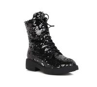 Botas Combate con Lentejuelas Brillantes y Elegantes para Mujer,Botines con Cordones tacón bajo y Grueso cómodos,Botines Punta Redonda para Fiesta Boda,Negro,40 EU