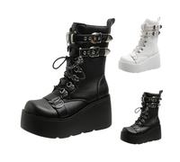 Botas con cordones de piel para mujer, botas de tobillo gruesas con | Rockabilly Punk Motocicleta Botas con Hebilla Punta Redonda Botas de Cuero Botas de Plataforma para Fiesta Cosplay