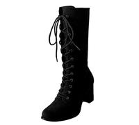 Botas con cordones para mujer, de invierno, hasta la rodilla para mujer, con tacón, botas de caballero, botas de vaquero redondas, botas de caña media de un solo color, botas informales, elegantes