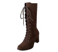 Botas con cordones para mujer, de invierno, hasta la rodilla para mujer, con tacón, botas de caballero, botas de vaquero redondas, botas de caña media de un solo color, botas informales, elegantes