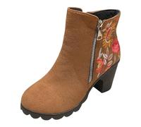 Botas cortas bordadas de estilo étnico para mujer Frontera tacón grueso cremallera lateral tacón medio botas de moda S caña, marrón, 41 EU