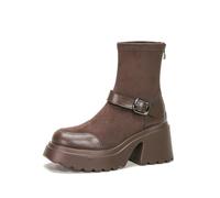 Botas Cortas de Ante con tacón Grueso para Mujer | Puntera Redonda, Cremallera Trasera y Correa con Hebilla | Diseño Patchwork con Ajuste elástico y ceñido | Cómodas para IR a la Fashion y al Trabajo